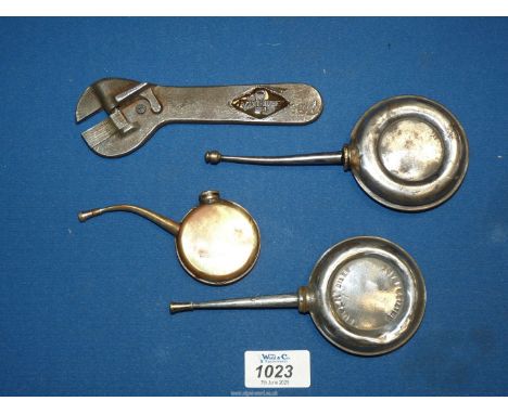 Three vintage oil cans and a German U boat spanner (Patent Huber No1)