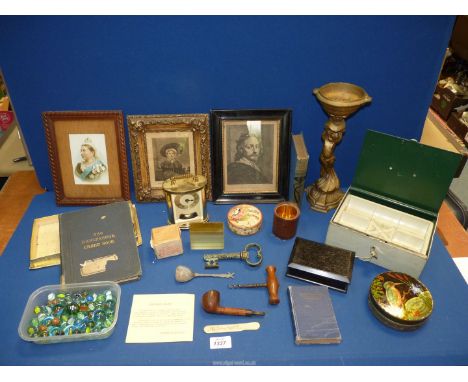 A quantity of miscellanea to include lockable cash tin with key, pipe, corkscrew, marbles, books and tins, together with thre