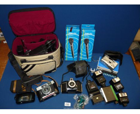 A quantity of Cameras and accessories including Olympus MMJU, Ilford Sportsman 300L with case, Konica boxed Z UP 80E with cas