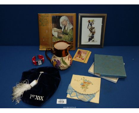A Playboy bunny cuff watch, a Wade Harvestware jug, a 1950's/60's sporting cap, along with a 1946 greetings card handkerchief