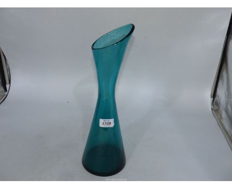 A Scandinavian high waisted heavy carafe style glass Vase having a smooth rounded sloping rim and a polished round pontil, 15
