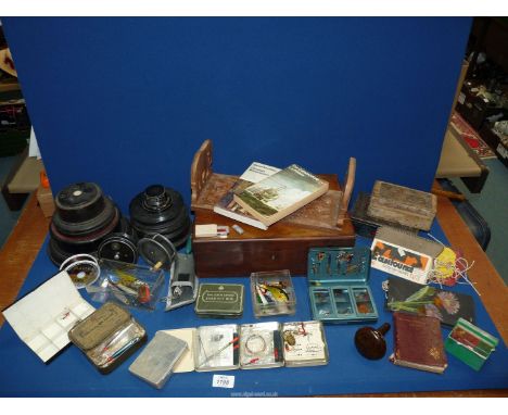 A quantity of miscellanea including fishing tackle, trophy plinths, old toffee tin, bakelite darning mushroom, writing box (l