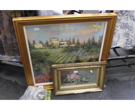 Gilt framed print probably of Provence, 74 cm square and a still life oil painting of flowers 48 cm x 32 cm