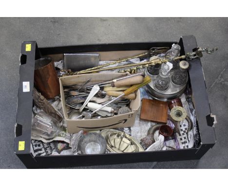 Box of metalware, toasting forks, cruet stand, cutlery etc