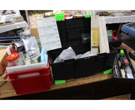 Tub and toolbox of photographic developing materials, pantograph, parallel ruler, etc. 
