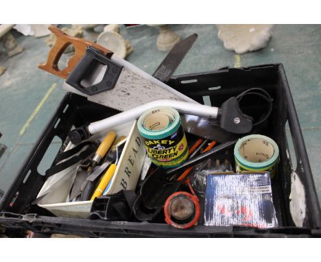 Box of hand tools, saws, wire disk brush, trowels etc