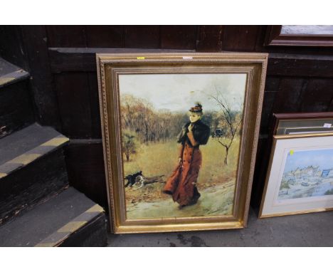 Gilt framed print of a lady walking dog 
