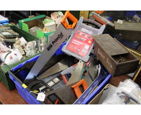 Box of hand tools, 450 mm adjustable spanner, saws, brass screws etc