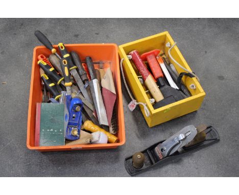 Two boxes of hand tools, files, coal chisels, Bailey plane No 5 etc