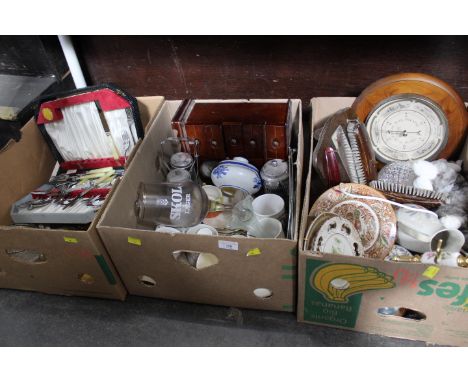 Three boxes of kitchenware, china, cutlery, decorative plates etc