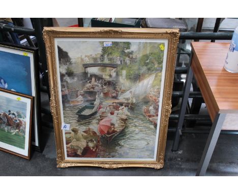 Gilt framed print of Victorian picture Boulter's Lock, Sunday afternoon 1895, monogrammed E J G, 60 cm x 78 cm 
