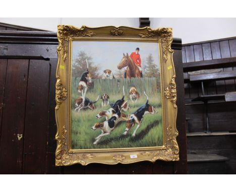 Gilt framed original oil painting of huntsman and hounds by R Robinson, 64 cm x 74 cm 