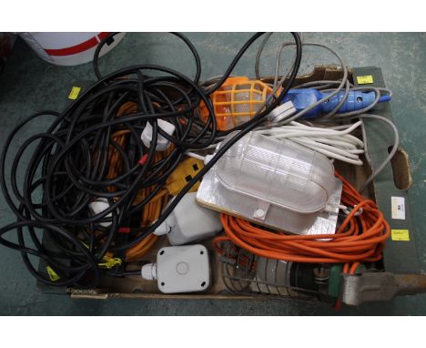 Box of outdoor extension leads, bulkhead light and two inspection lights