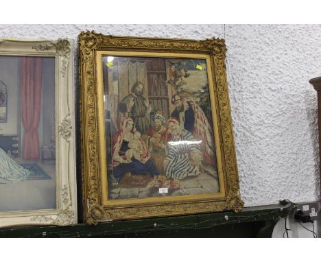 Berlin woolwork tapestry, religious scene, in ornate gilt frame, image size 58 cm x 46 cm