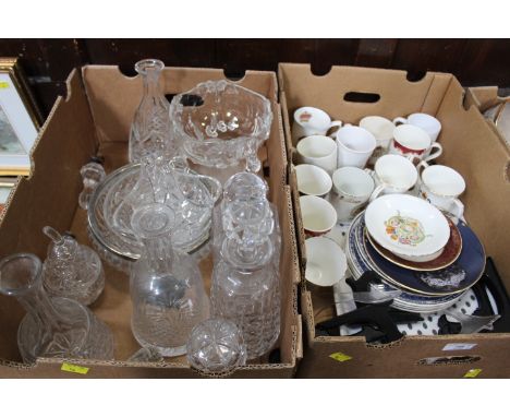 Two boxes of glassware, decanters, bowls, commemorative mugs, decorative plates etc