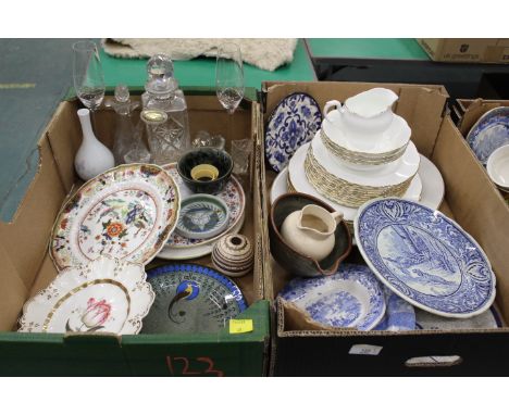 Two boxes of part tea sets, Royal Doulton plates, decorative plates, decanters, glassware etc 