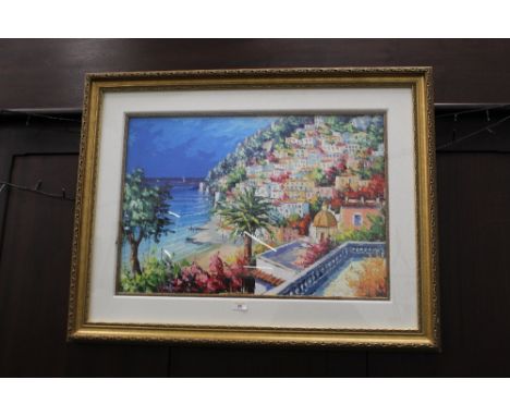 Signed limited edition print of a continental coastal scene 107/295, framed and mounted, image size 45 cm x 64 cm
