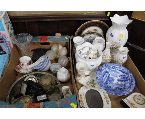 Two boxes of china and glassware, Aynsley Cottage Garden planters, vases and ornaments, Spode blue and white bowl, decorative