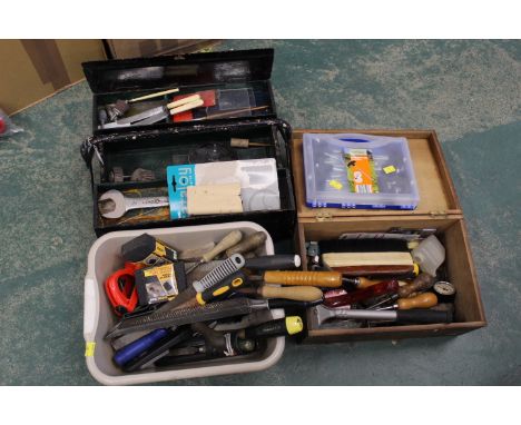 Cantilever toolbox and two boxes of hand tools, chisels, hammers, rasp etc