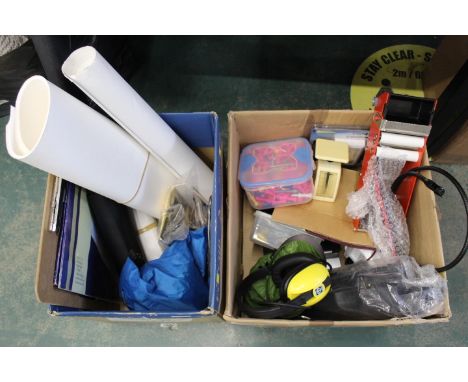 Two boxes of clipboard, drawing paper, kitchenware, cordless light etc