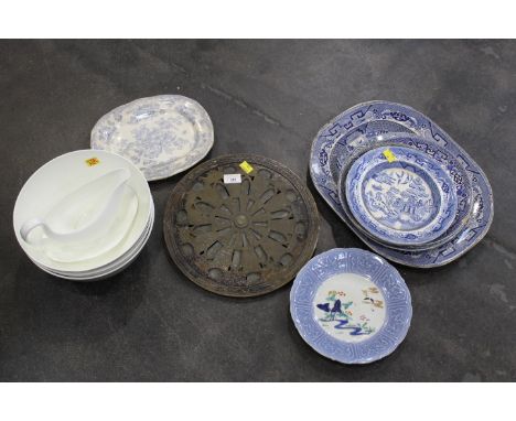 Blue and white Willow pattern china, large white bowls, sauce boat and pan stand