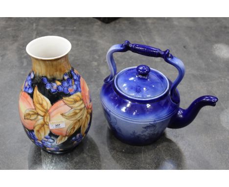 Large blue and white decorative teapot and decorative vase