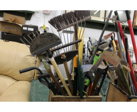 Garden tools to include pickaxe and brushes (tea chest not included)
