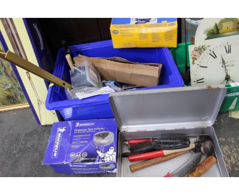 Box of hand tools, jack, foot pump, tyre inflator, spirit measure etc