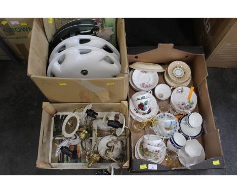 Three boxes of part tea sets, two branch light fittings, pair of wheel hubs and mirror