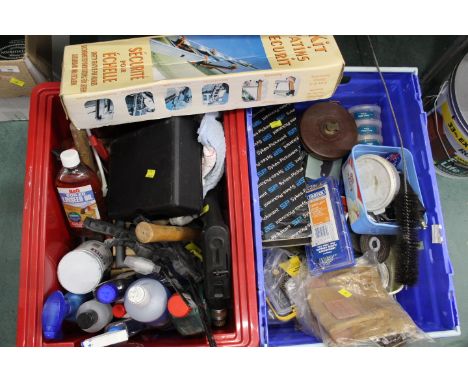 Two boxes of cordless drill, car cleaning items, linseed oil, hand tools, grinding discs etc 