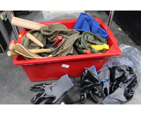 Box of hand tools, trowels, mallet, bags, etc. 