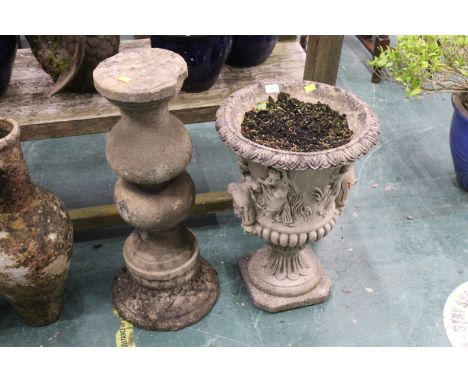 Classical concrete garden planter and reconstituted stone column, planter height 55 cm, column height 70 cm