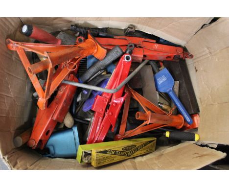 Box of axle stands, hand tools, car jacks etc