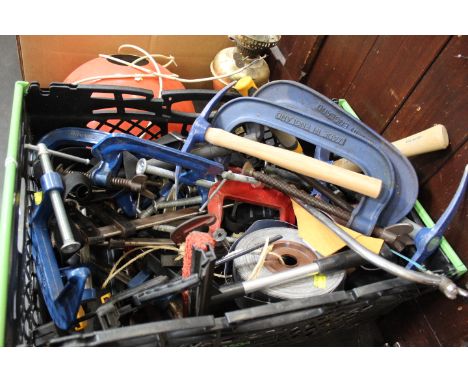 Box of hand tools, G clamps, slate hammers, hand picks etc