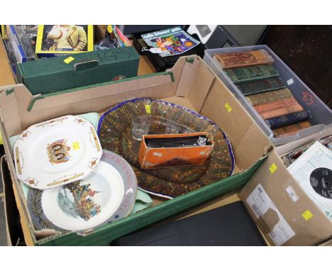 Decorative plates, Soho cadet folding camera and box of late 19th/early 20th century books - Mrs Beetons Cookbook, Sports in 