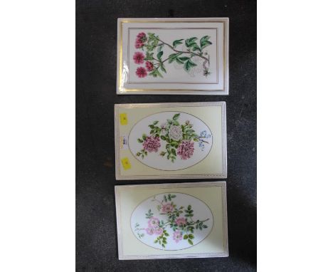 Three Royal Worcester botanical study tiles, potentila, striped roses and sweetbriar rose