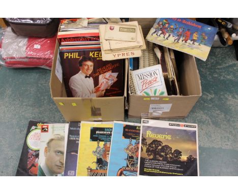 Books, First World War era postcards and box of LP's, classical and easy listening