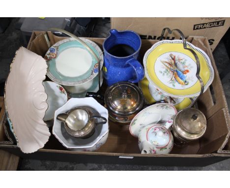 Box of ceramics, silver plated four piece Arthur Price tea service, two cake stand, jug, Carltonware dish, platers, etc. 