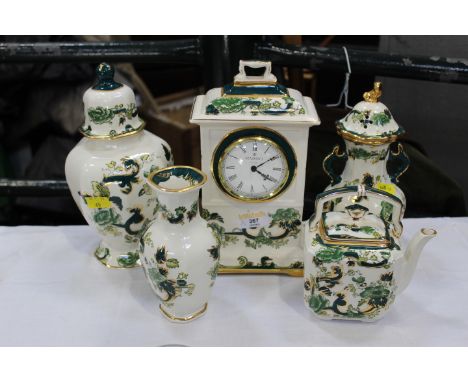 Five pieces of Masons Chartreuse pattern mantle clock, ginger jars and teapot 