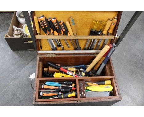 Traditional wooden toolbox and large quantity of modern quality tools, wood chisels, hammers, mallets, cold chisel, etc. 