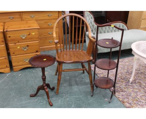 Stained pine spindle back carver chair, mahogany inlaid three tier cake stand and tripod table  