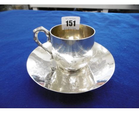 A LATE 19TH CENTURY CHINESE EXPORT SILVER CUP AND SAUCER ENGRAVED WITH BIRDS AND FLOWERS, WITH SIMULATED BAMBOO HANDLE, MARKS