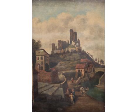 English School (19th century)A Conversation, The Castle Approachoil on mahogany panel, 54cm x 36cm