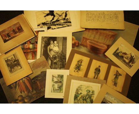 An interesting folio of watercolours, prints and works on paper, various media and subjects, 18th century portrait vignette, 