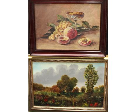 R PittStill Life, Ripe Fruit and Champagne Coupesigned, oil on canvas, 24.5cm x 34.5cm; English School (19th/early 20th centu
