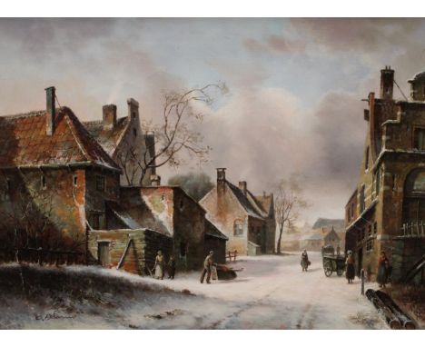 K Adams, contemporaryDutch Winter Street scenesigned, oil on board, 29cm x 39cm