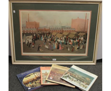 Helen Bradley (1900 - 1979), by and after, Hollinwood Market, coloured print, 49.8cm x 70cm, signed in pencil, framed;  Four 