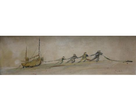 Brendan S PlunkettHauling in the Fishing Boatsigned, label to verso, oil on board, 14.5cm x 48.5cm