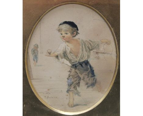 R Ludovici (19th century)Italian Street Urchin, Performing a Tricksigned, watercolour, oval mount, 23cm x 18cm