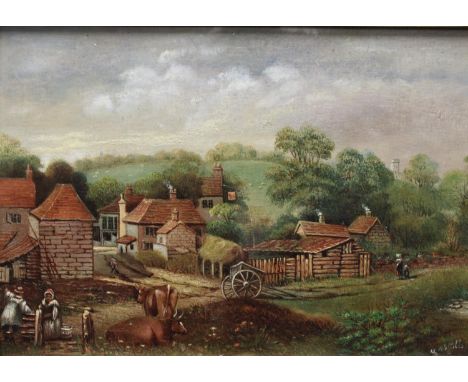 G A Stubbs (English Primitive School, 19th century)Farmyard with Cattlesigned, oil on mahogany panel, 21cm x 29.5cm